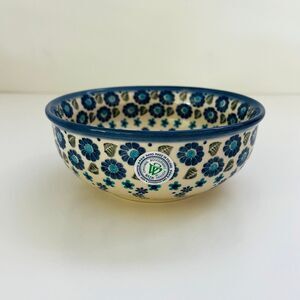 WIZA Polish Pottery Blue Green Floral Stoneware Bowl